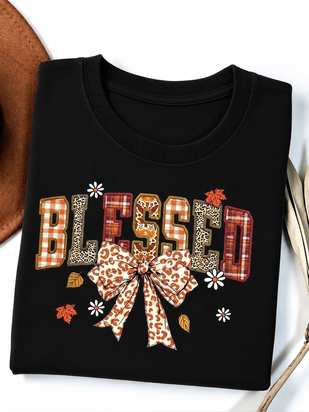 Blessed Graphic Women's Black Tee with Fall Plaid and Leopard Bow NEW